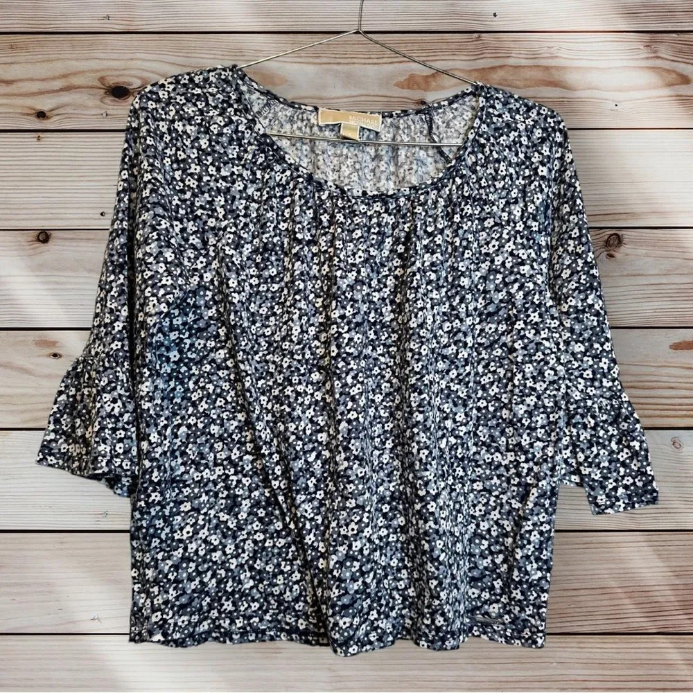 Michael Kors Blue Dainty Floral Print Ruffled Half Sleeve Top size Small